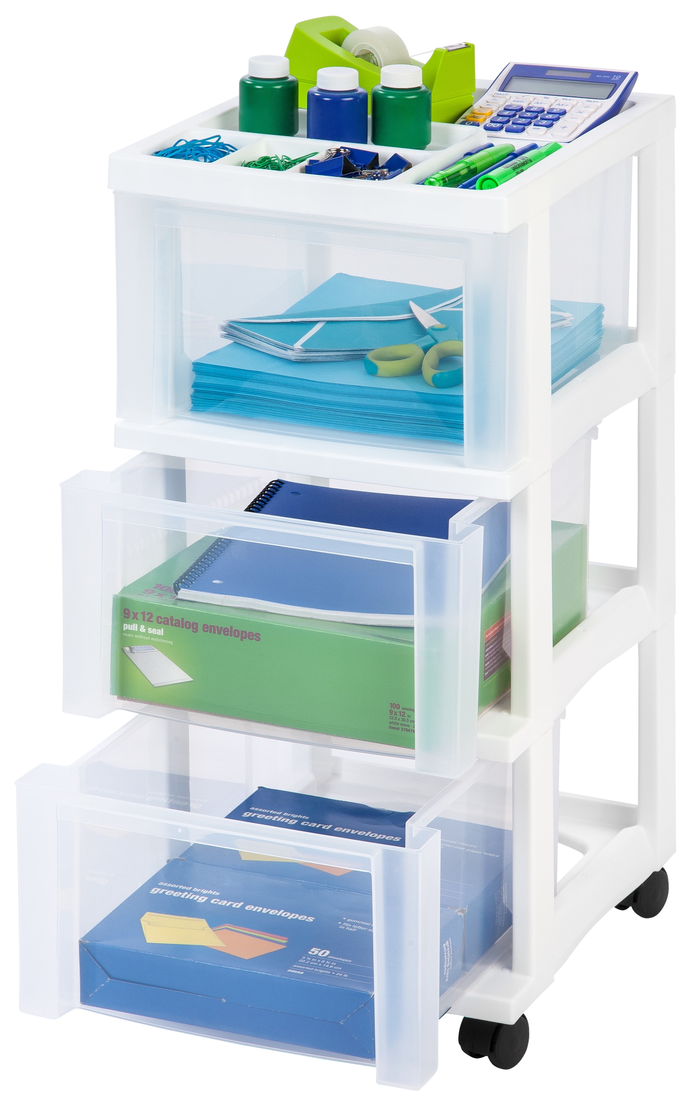 IRIS 3-Drawer Storage Cart with Organizer Top with Wheels, Plastic, White