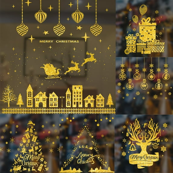 D-GROEE Christmas Window Clings Stickers Golden Glittler Snowflake Decorations for Winter Xmas Party Supplies with Christmas Tree Snowman Santa Reindeer Snowflake and More Designs