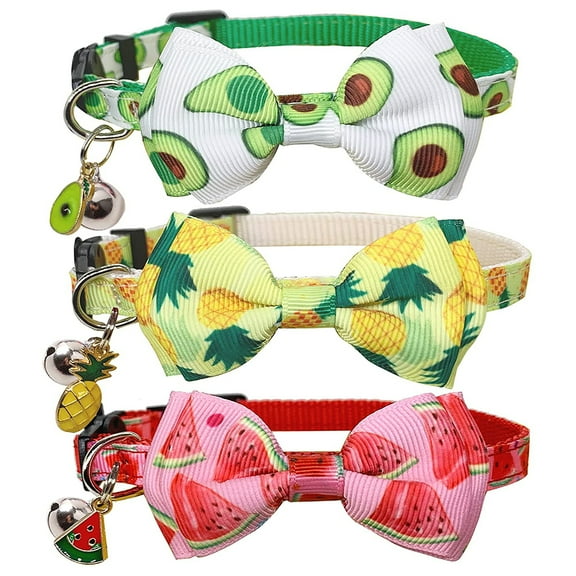 EIMELI 3 Pack Cats Collars Adjustable Kitten Collars with Bell Pendant (Green Avocado, Pink Watermelon, Yellow Pineapple)