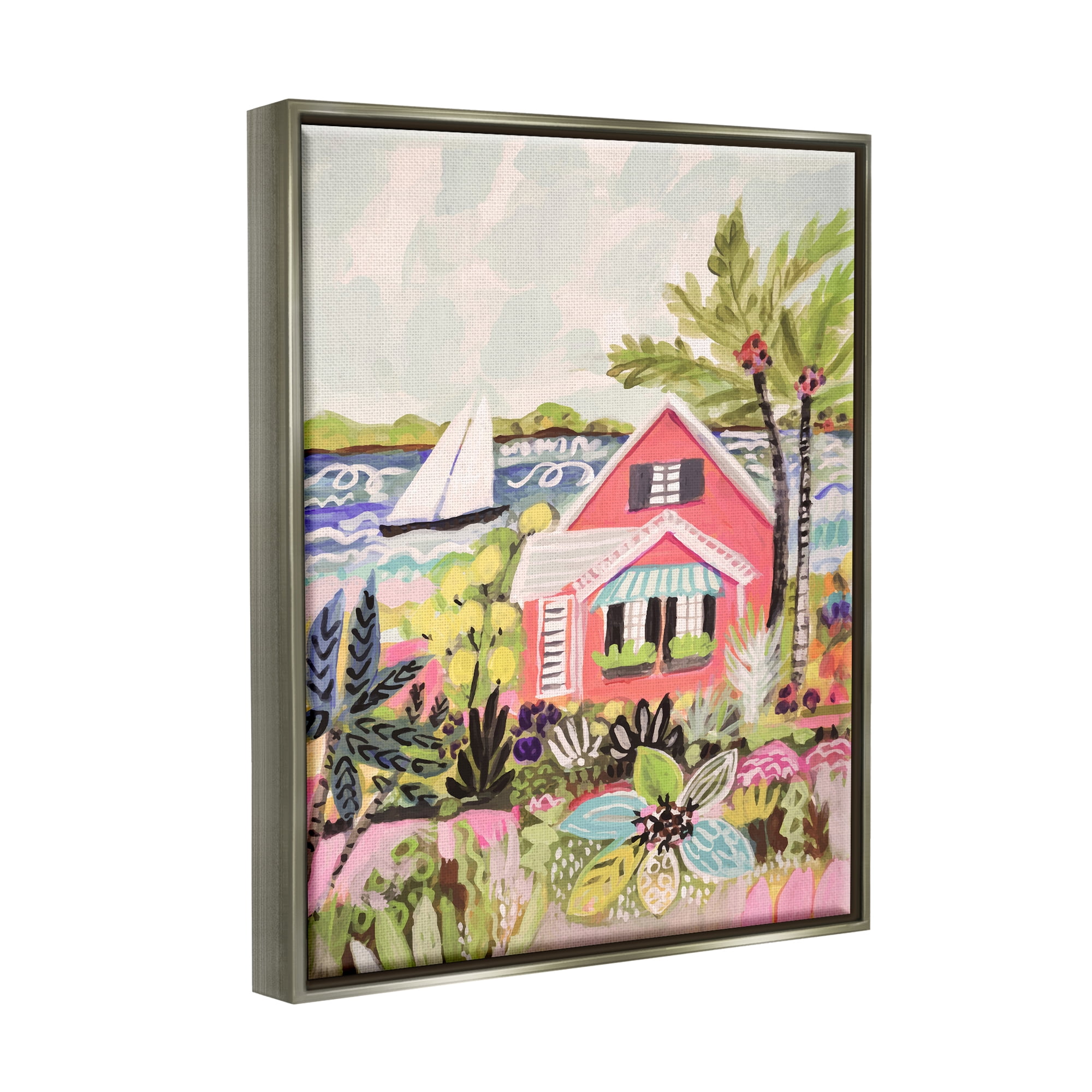 Stupell Industries Tropical Cottage Scenery Landscape Painting Gray Floater Framed Canvas Art Print Wall Art, 17 x 21