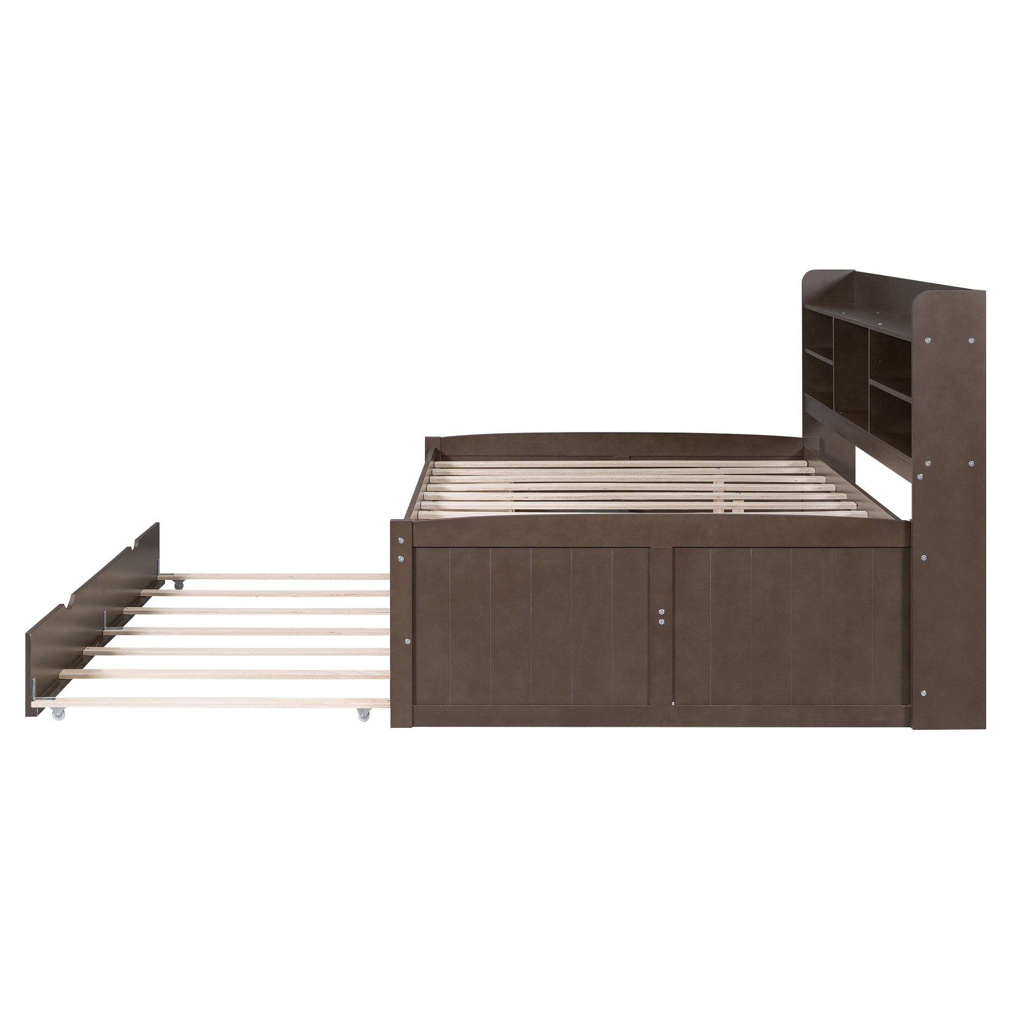 EUROCO Full Size Captain Bed, Daybed with Trundle and Bookcase, 3 Drawers and Shelf Platform Bed for Kids Teens, Espresso