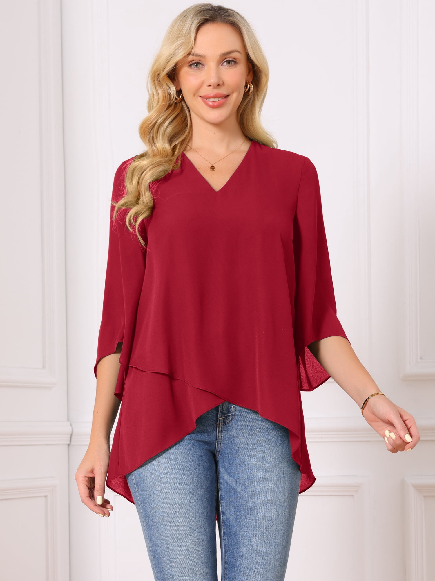 DARING DIVA Women's High Low Tops 3/4 Bell Sleeve V Neck Chiffon Blouse S Red