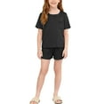 thumbnail image 4 of BRGZLK Girls Slik Homewear Unisex Solid Color Short Sleeve Round Neck Top Short Pants Home Clothing Two Pieces Set for Flora Party Black 11-12 Years, 4 of 5