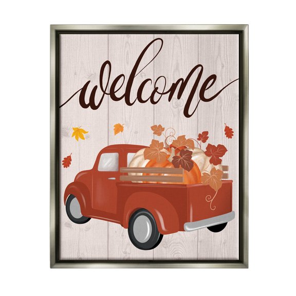 Stupell Industries Welcome Country Pumpkin Truck Graphic Art Luster Gray Floating Framed Canvas Print Wall Art, Design by Jo Taylor