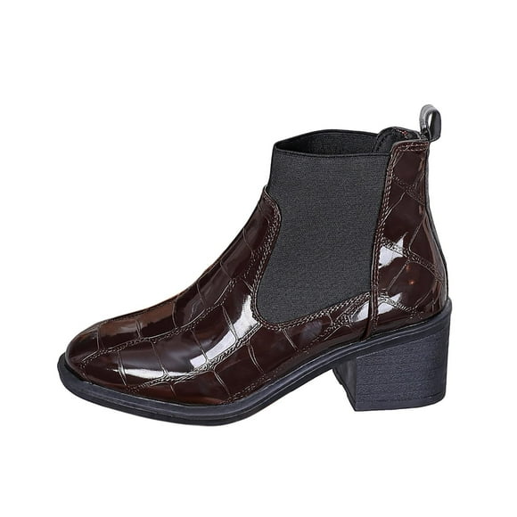 Lovzfmll Ankle Boots for Women, Patent Leather Ankle Round Toe Chunky Low Heel, Chunky Mid Heel Round Toe Buckle Chelsea Leather Motorcycle Boots Casual Brown Boots