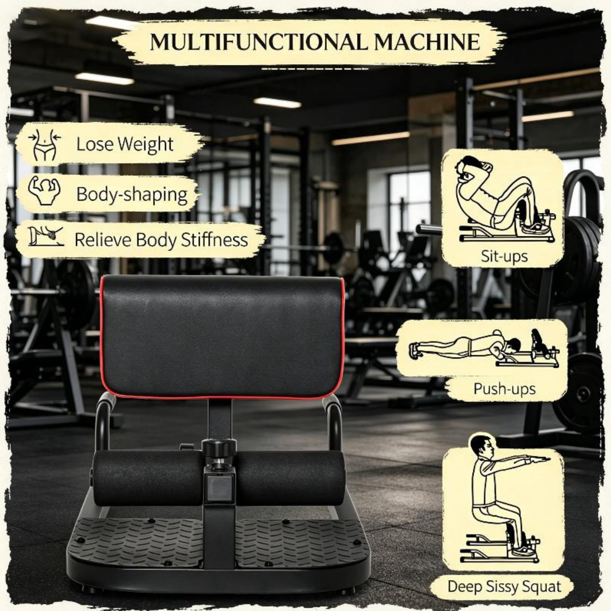 3-in-1 Padded Push Up Sit Up Squat Machine, All-in-One Home Gym Fitness Equipment for Core & Lower Body Workout, Black