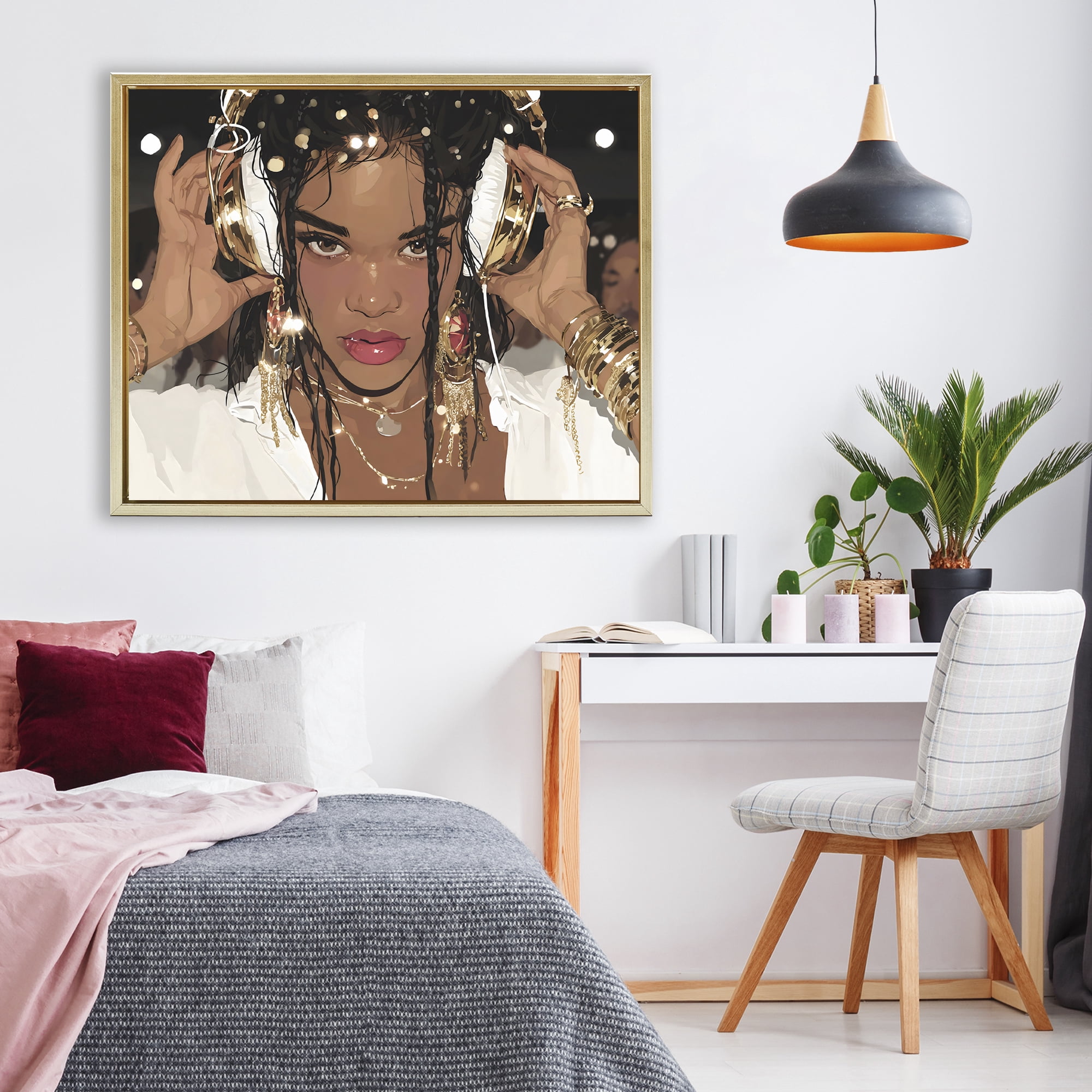 Stupell Industries Gold Headphones Glam Female Gold Framed Floater Canvas Wall Art, design by Franklyn Gregory