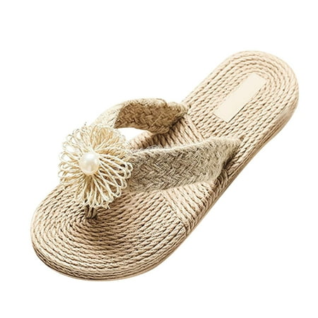 

Luiyenes Fashion Spring And Summer Women Slippers Cotton Linen Flip Flops Pearl Flowers Woven Beach Flat Bottom