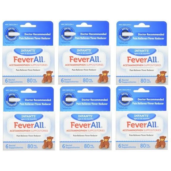 6 Pack - FeverAll Infants 6 Rectal Acetaminophen Suppositories 80mg Each