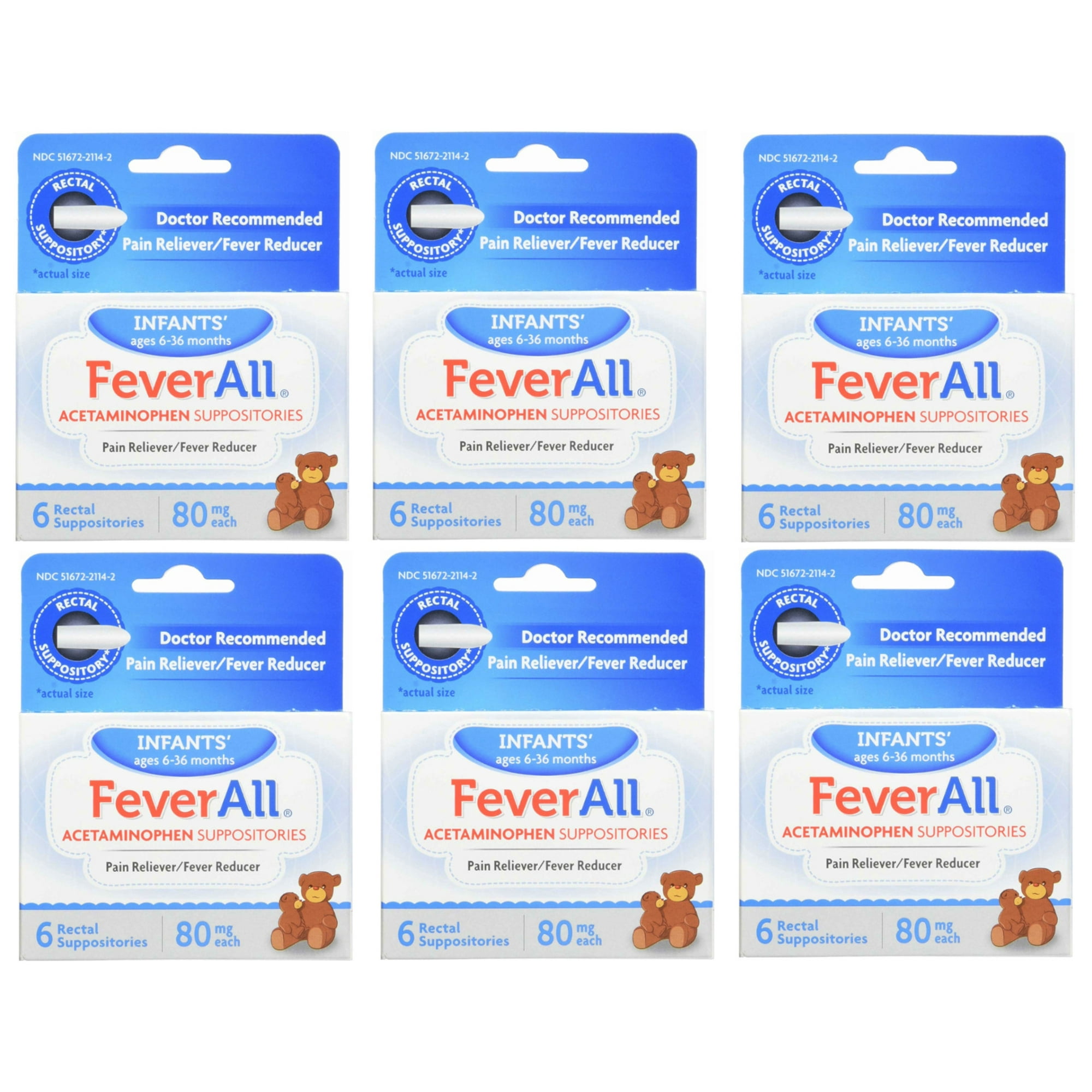 6 Pack - FeverAll Infants 6 Rectal Acetaminophen Suppositories 80mg Each