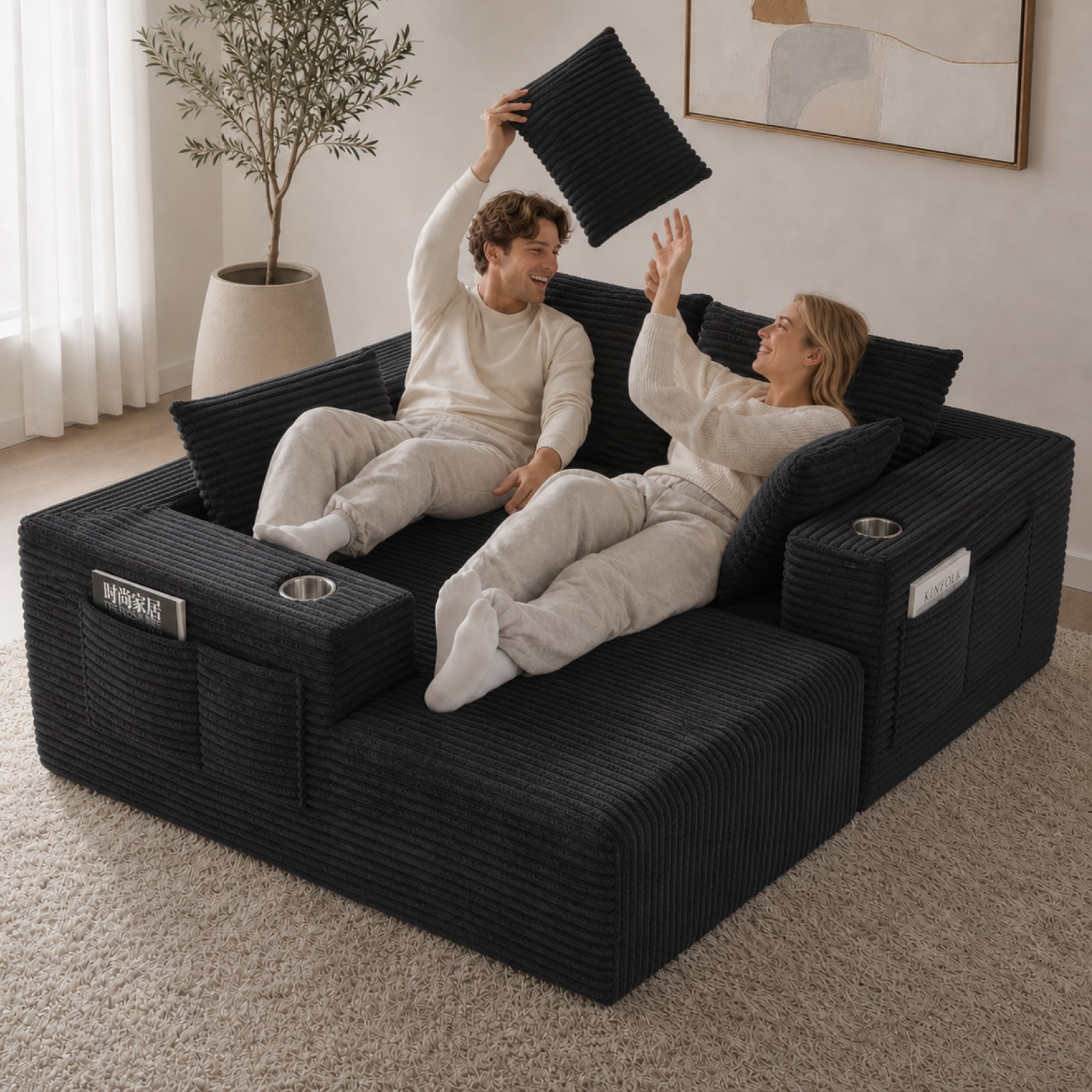95'' Boneless L Shape Modular Sofa Couch with 4 Pillows and 2 Cup Holders
