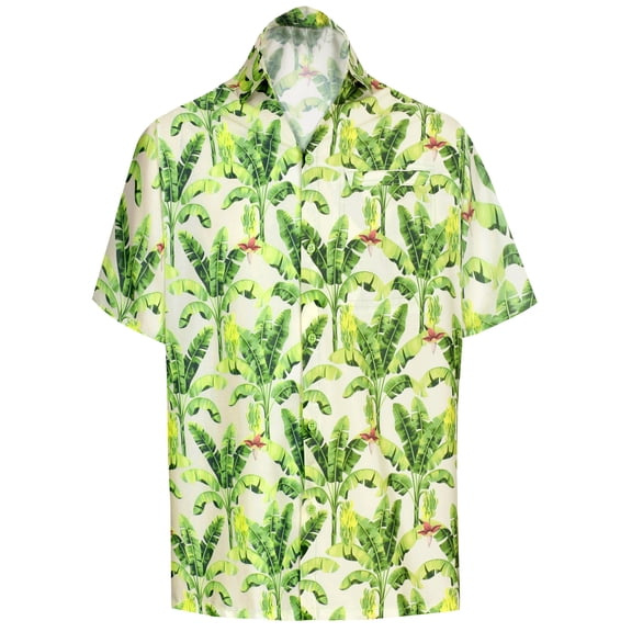 LA LEELA Men's Hawaiian Shirts Short Sleeve Button Down Shirt Men's Hawaii Shirts Boho Holiday Casual Summer Beach Shirts for Men Funny XS Banana Leaves, Autumn Beige