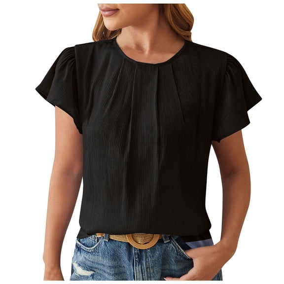 Women's Summer T-Shirt Round Neck Petal Sleeve Blouse Casual Loose Fit Comfortable Breathable Top Trendy Floral Print