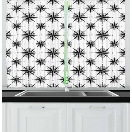 New Bedroom Compass Curtains 2 Panels Set, Black and White Sketch Style Windrose Discovering New Places Nautical Elements, Window Drapes for Living Room Bedroom, 55W X 39L Inches, Black White, by Ambesonne ()