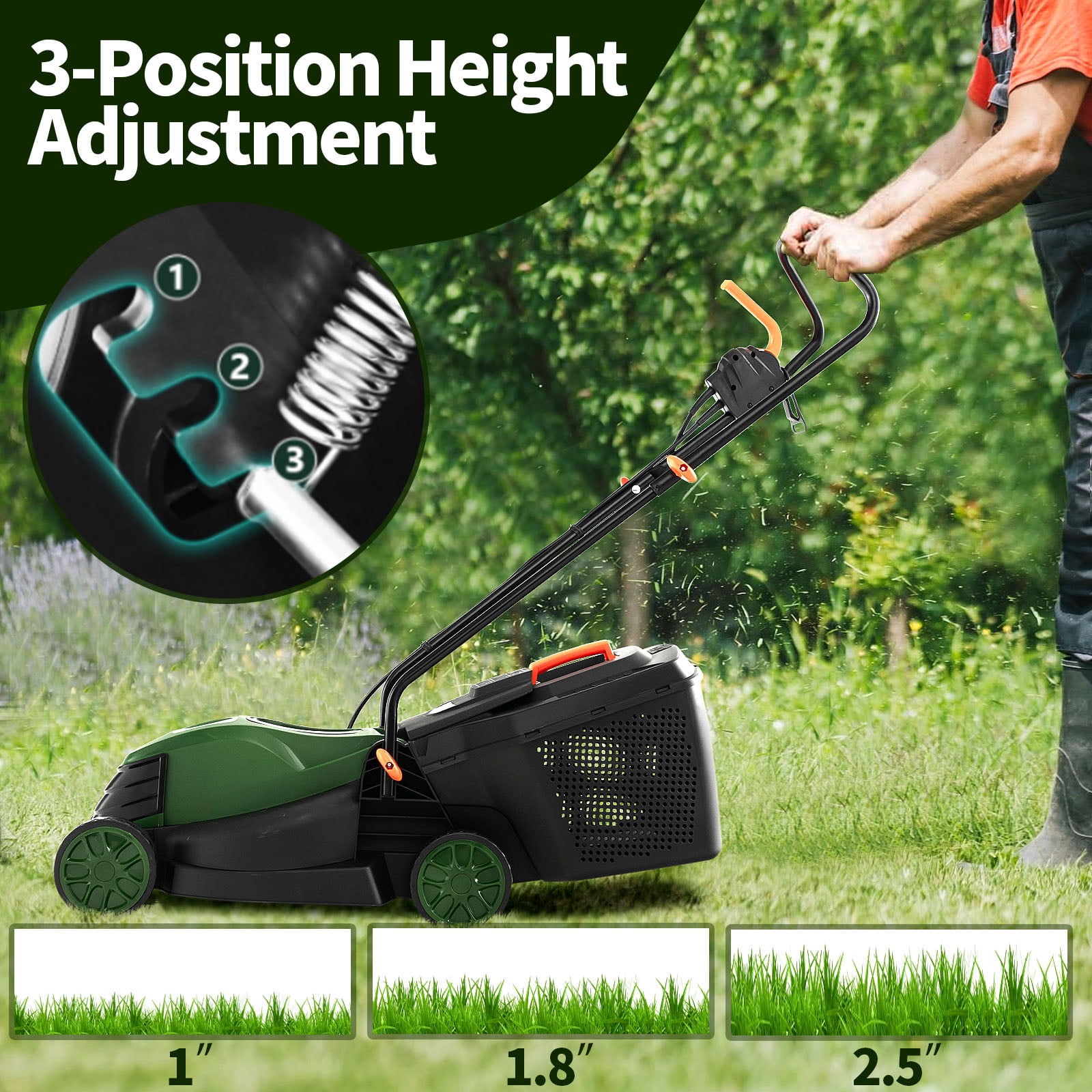 Topbuy 13” 12A Corded Electric Push Walk-Behind Lawn Mower, 2-in-1 Mowing Versatility