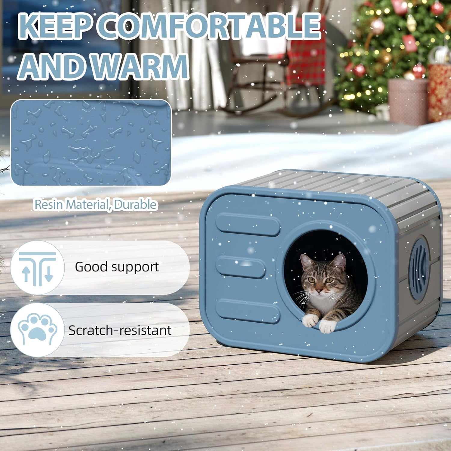 Cat Houses for Outdoor Indoor Cats, Insualted Outdoor Cat House Weatherproof with Camera-Shaped Design, Sturdy Resin Shelter for Patio, Garden Blue