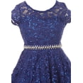 thumbnail image 3 of Big Girls' Short Sleeve Lace Glitter Skater Pearl Belt Special Occasion Flower Girl Dress Royal 12 (J21KS02), 3 of 3