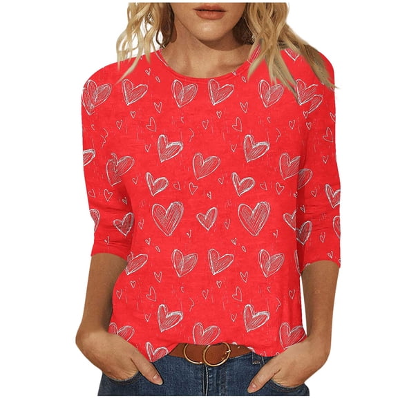 qucoqpe Valentine's Day Shirts for Women Fashion Love Heart Printed Crew Neck 3/4 Sleeve Casual Loose Blouse Tops for Women