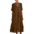 thumbnail image 2 of QUNYINEY Summer Womens Dresses Cotton Linen Short Sleeve Solid Midi Sundress V Neck Casual with Pockets A Line Loose Fit Dresses, 2 of 9
