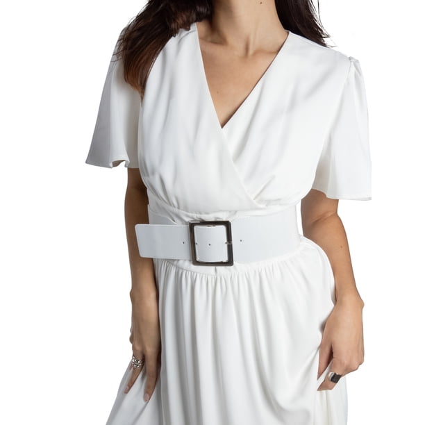 Jess por Meiko Vestido de Mujer Escote en V con Mangas de Volante y Cinturón de Declaración Midi XS Blanco