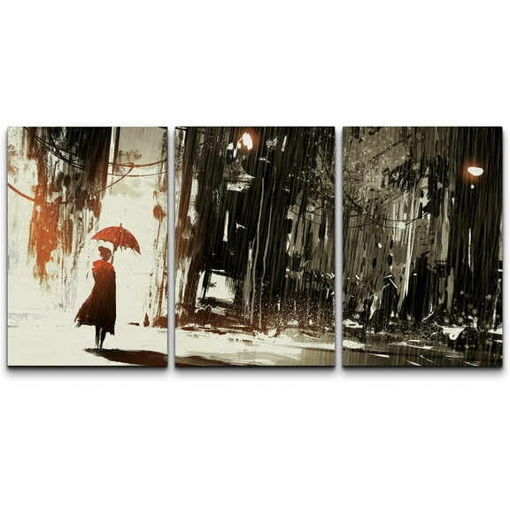 wall26 Canvas Print Wall Art Set Woman & Umbrella in Abstract Cityscape People Cities Illustrations Modern Art Rustic Landscape Colorful Multicolor Ultra for Living Room, Bedroom, Office - 16&quo