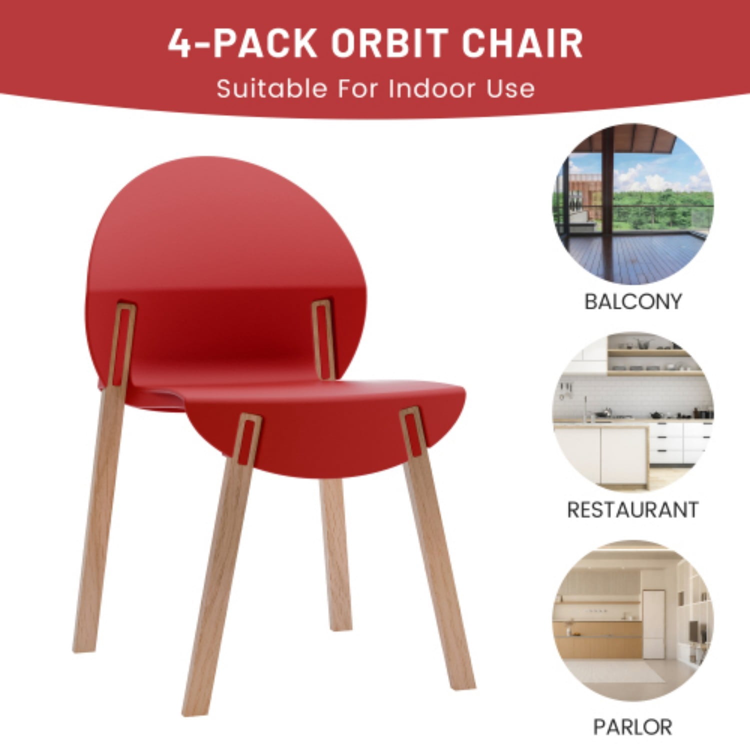 Dining Chairs Set of 4, Modern Kitchen Chairs with PP Seats & Solid Red Oak Wood Legs, 330 lb Capacity, Indoor Dining Room Living Room Chairs, Crimson Red