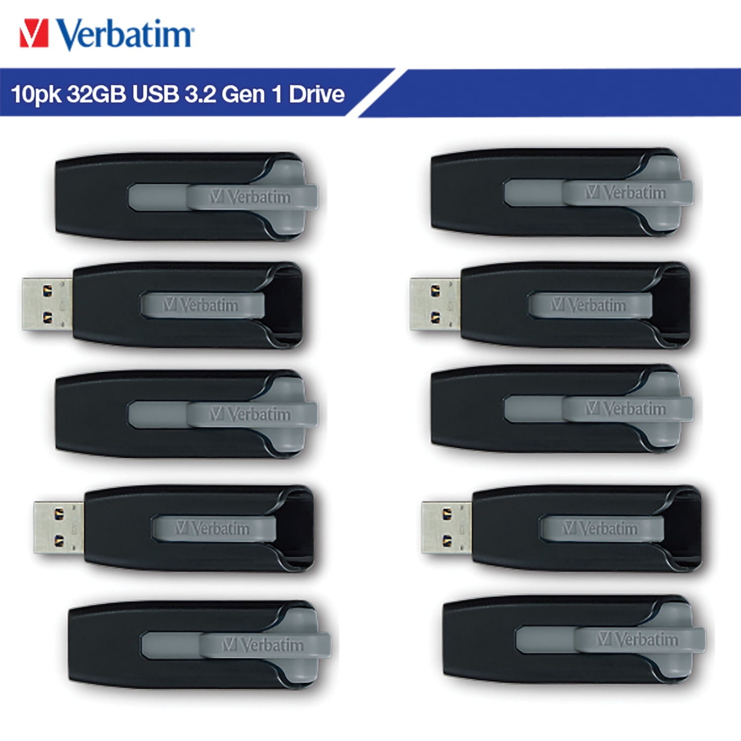 Verbatim 32-GB Store ‘n’ Go V3 USB 3.2 Gen 1 Flash Drives, Business Bulk 10 Count, Gray, 70894