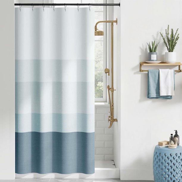 Cortina de Ducha para Cabina Azul Océano Degradado a Rayas para Baño Náutico Color Gradual Tela Impermeable Minimalista Moderna Neutra con Ganchos