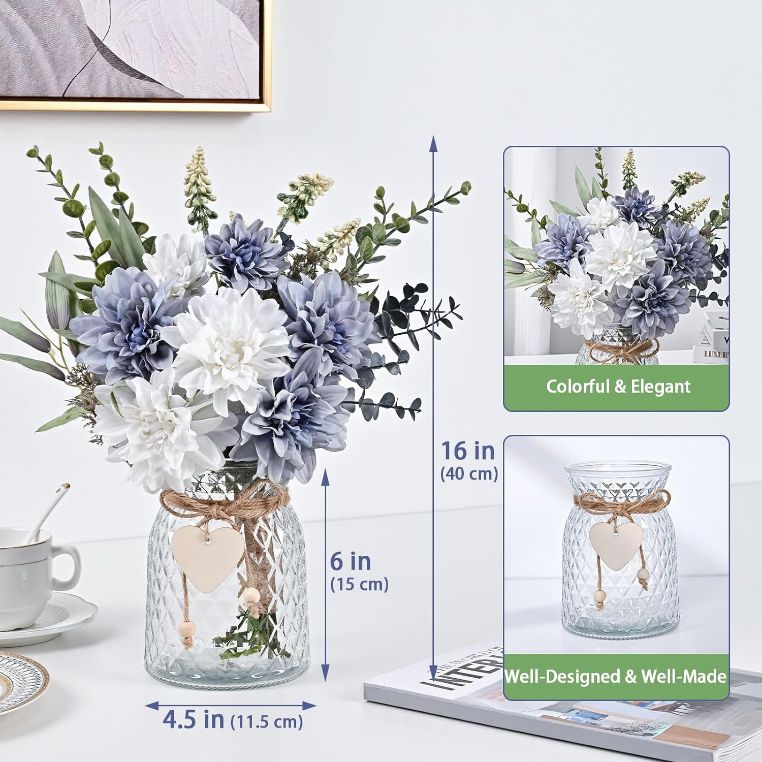Faux Flowers in Vase, Fake Flowers with Vase, Dahlia Artificial Flowers in Vase Centerpieces for Dining Room Table Artificial Dahlias Flower Arrangement for Home Office Farmhouse