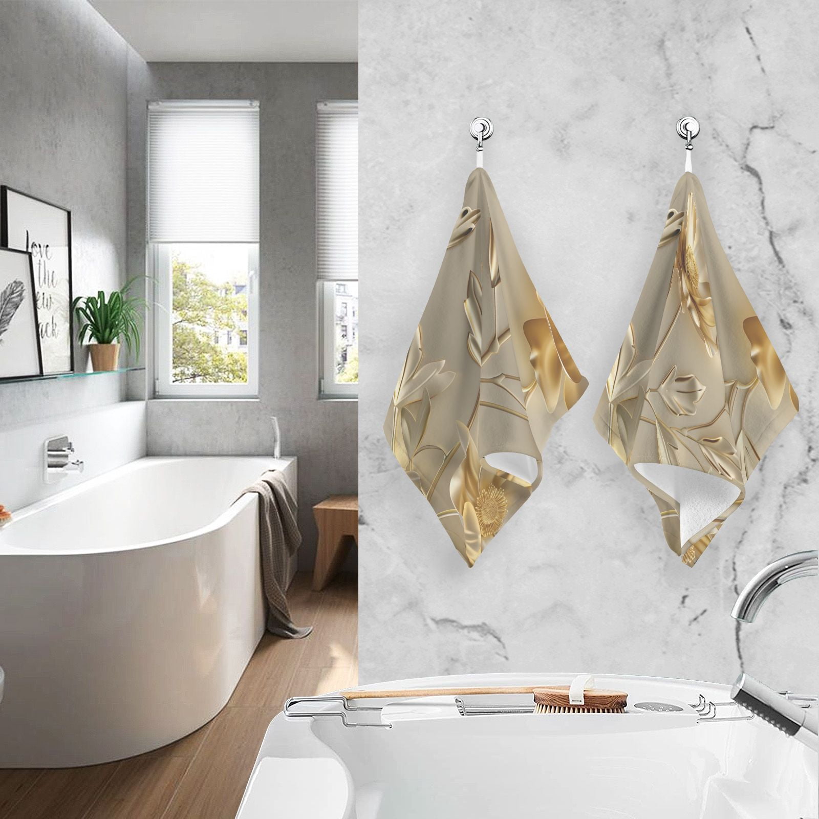 Gold Flowers and Leaves Hand Towel Bath Towels Face Towels Cotton Absorbent for Home Hotel Spa Swimming Yoga Sports Decorative Towel Set of 2