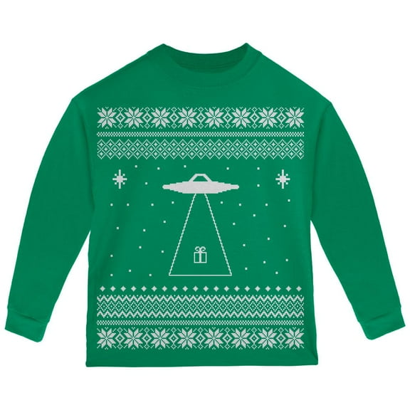 Alien Beam Ugly Christmas Sweater Green Toddler Long Sleeve T-Shirt - 4T