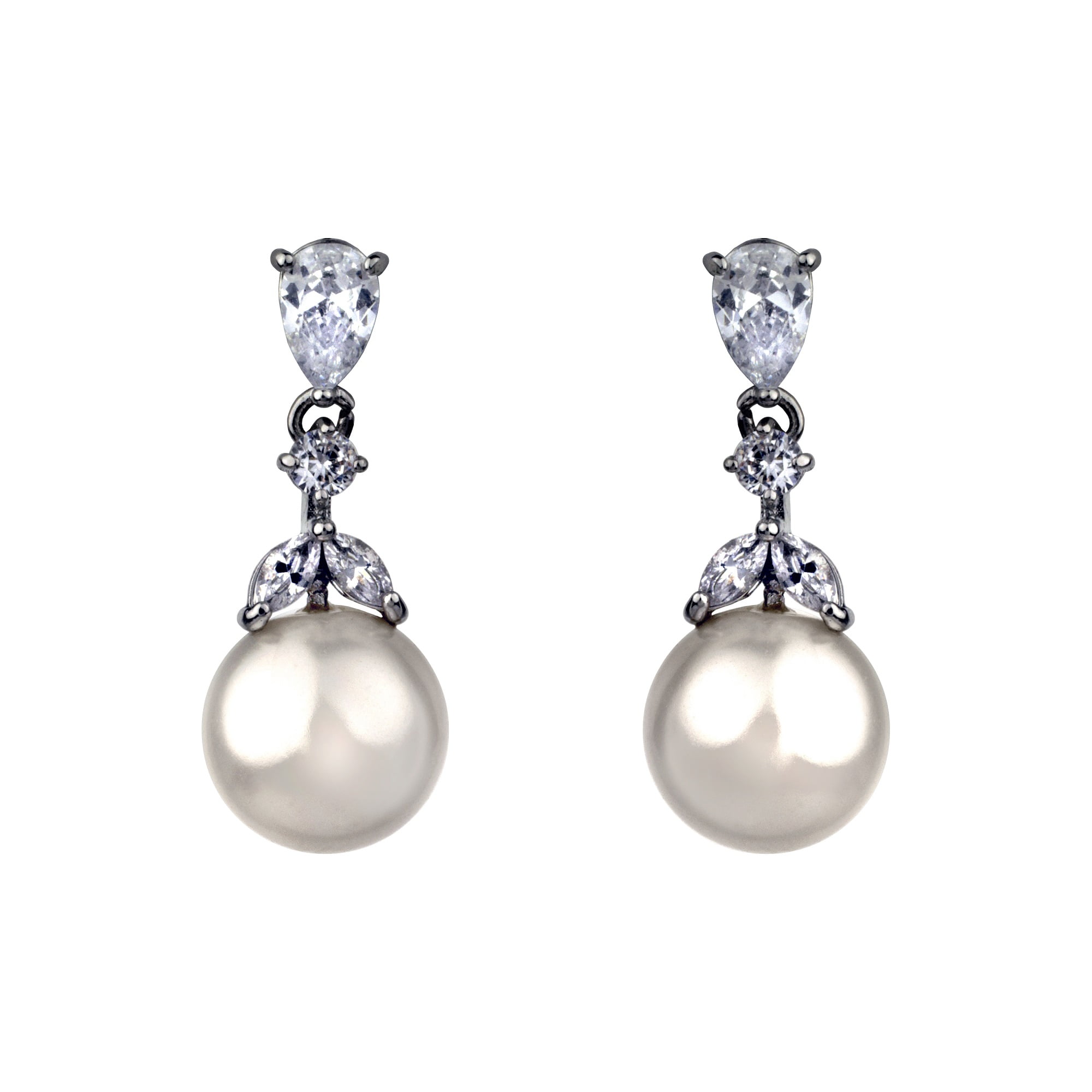 Cubic zirconia & real freshwater pearl thin long drop wedding bridal party earrings silver tone