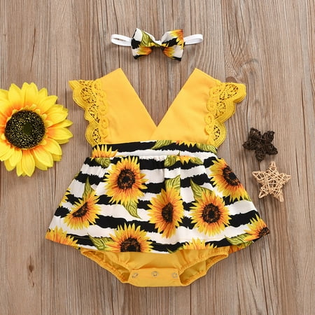 

Yubatuo Infant Baby Girls Sleeveless Sunflower Print Lace Romper Bodysuit Dress+Headband Yellow 80