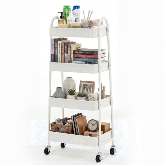 EDX 4-Tier Rolling Cart, 132 lbs Metal Utility Cart Storage Organizer with Lockable Casters, Multi-Functional Mesh Rolling Storage Cart for Kitchen Office, White