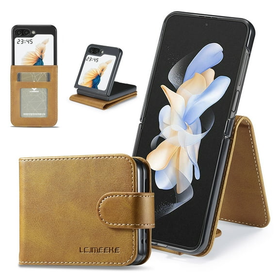 SaniMore for Samsung Galaxy Z Flip 5 6.7" 2023 Case, PU Leather Skin & Soft TPU Inner Shell [Card Holder + Cash Pocket Magnetic Closure Protective Wallet Cover For Samsung Galaxy Z Flip5, Yellow