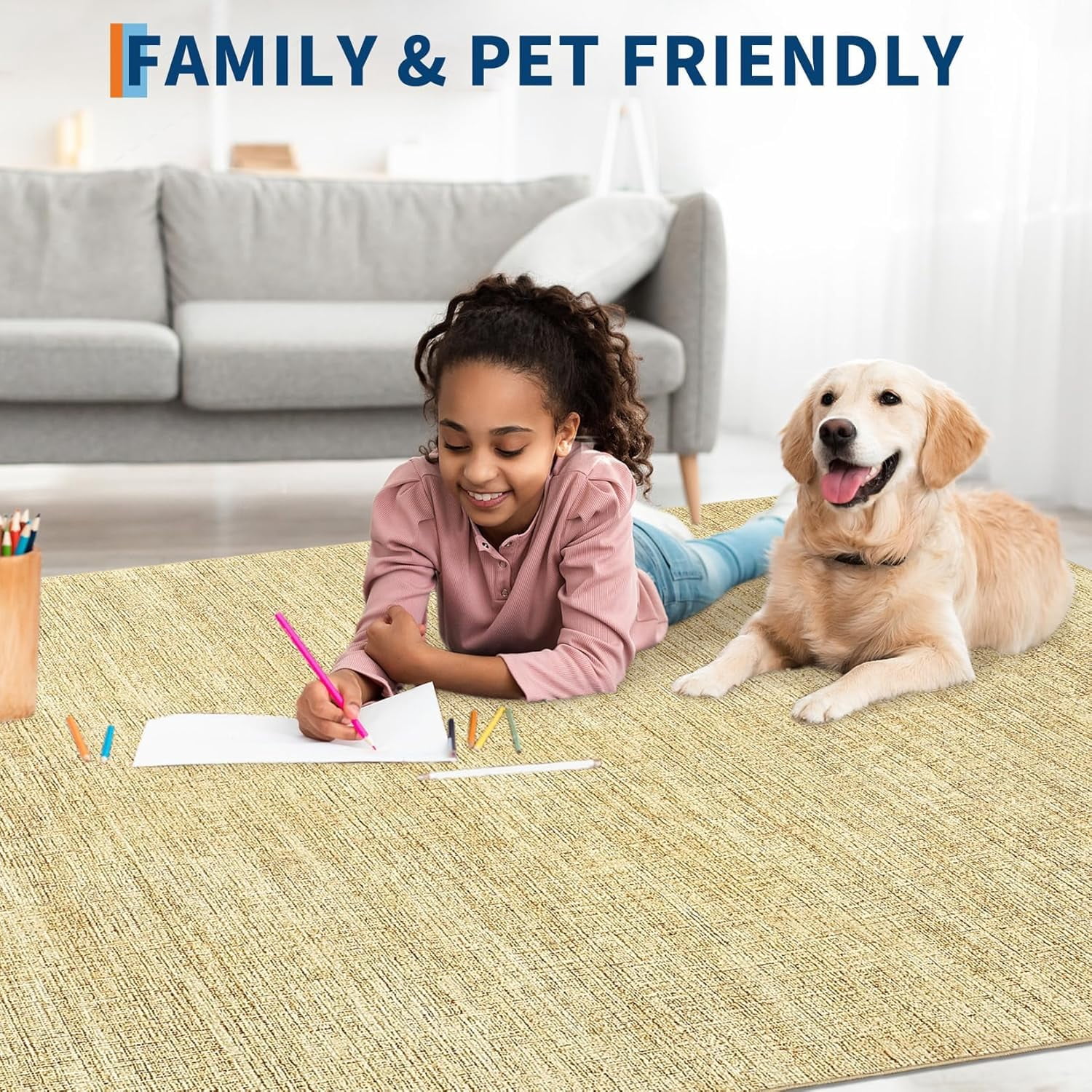 Memoryfield 5' x 7' Modern Area Rug, Washable Floor Cover, Non-Slip, Stain-Resistant Low-Pile Carpet for Living Room, Bedroom, Dining Room, Tan