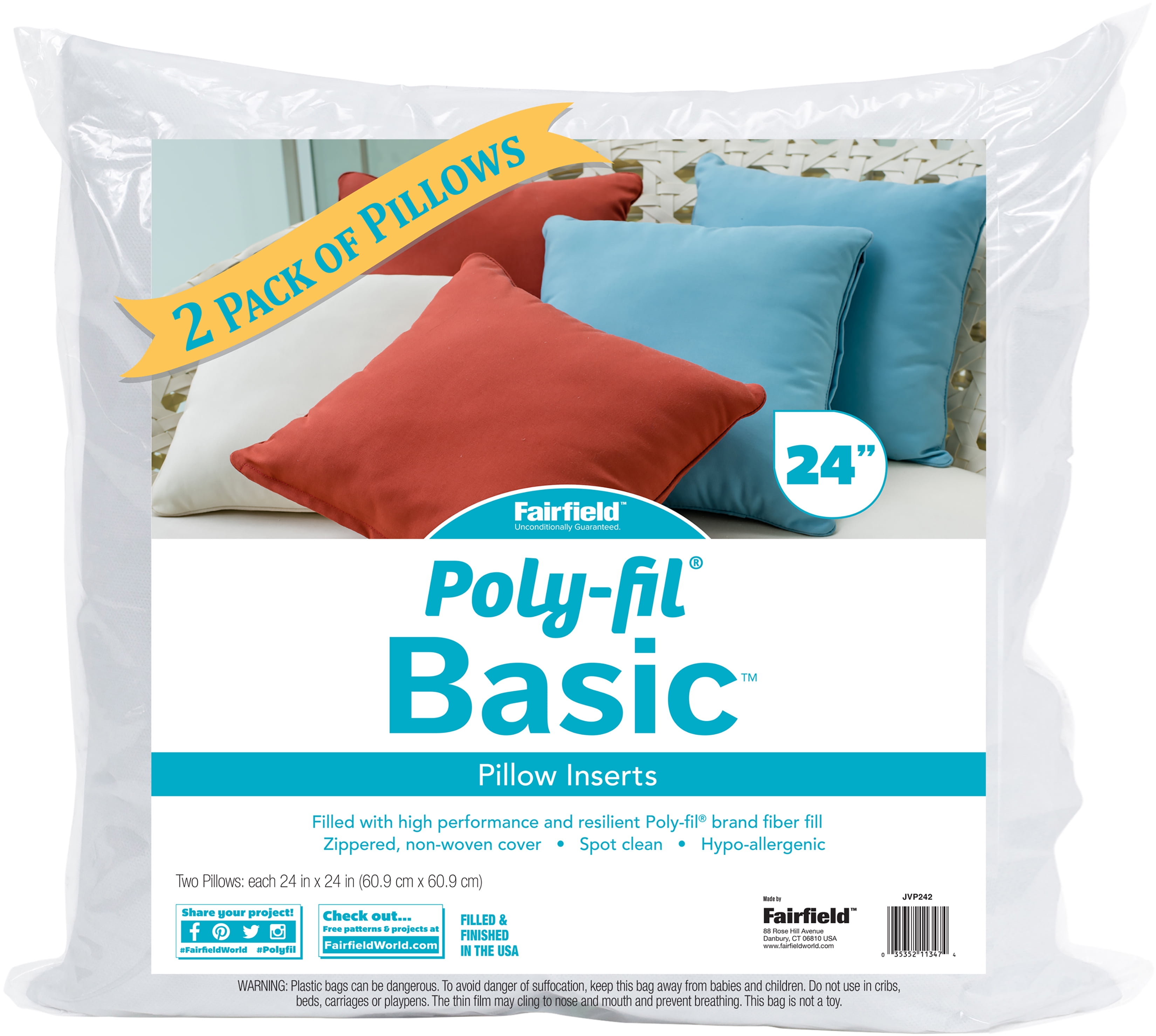 Fairfield PolyFil Basic Pillow Insert 2/Pkg24"X24" Fob Mi Walmart