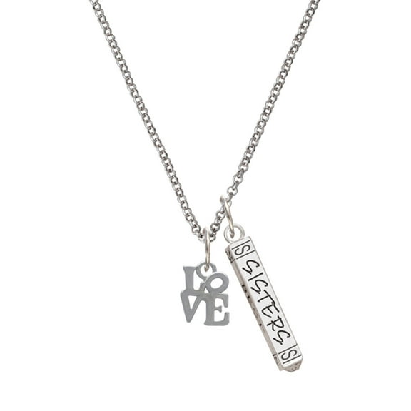 Delight Jewelry Silvertone Mini Love in Square Silvertone Sisters Best Friends Forever Bar Charm Necklace, 23"
