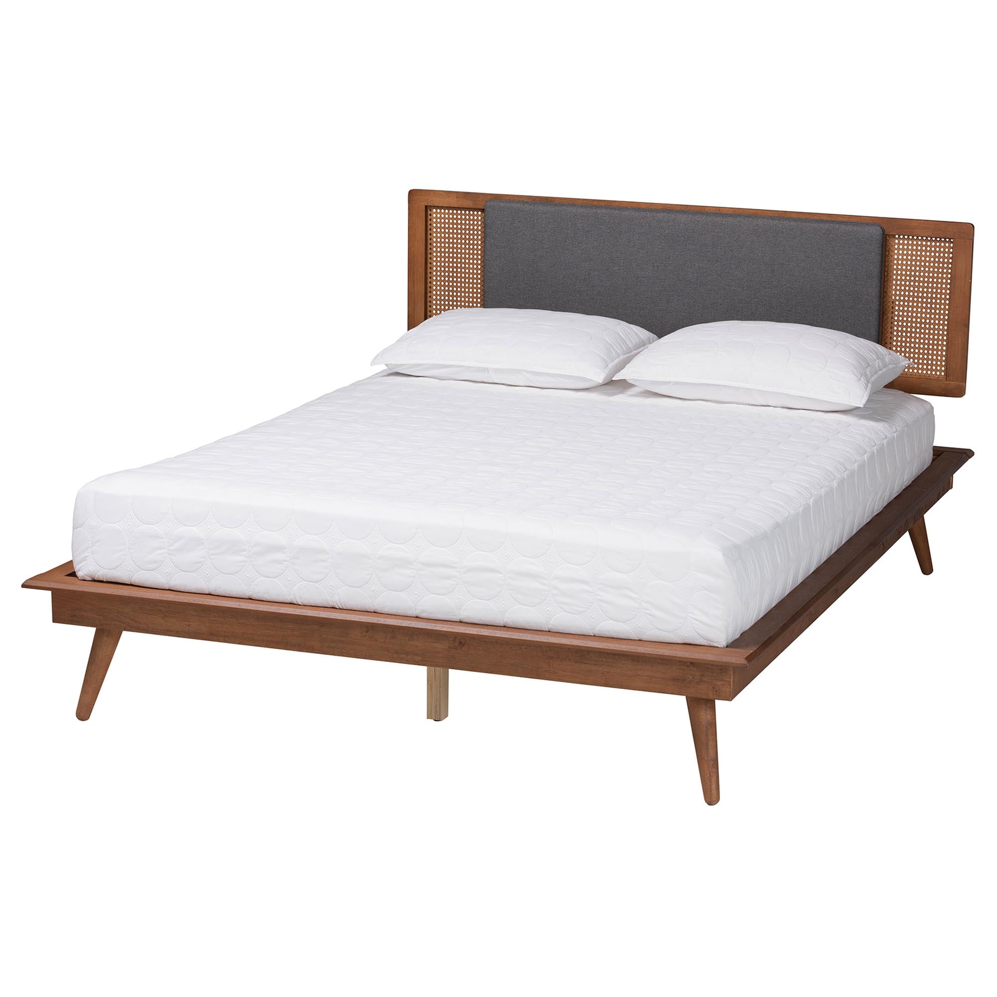Baxton Studio Delfina Mid-Century Modern Dark Grey Fabric and Walnut Brown Finished Wood Queen Size Platform Bed