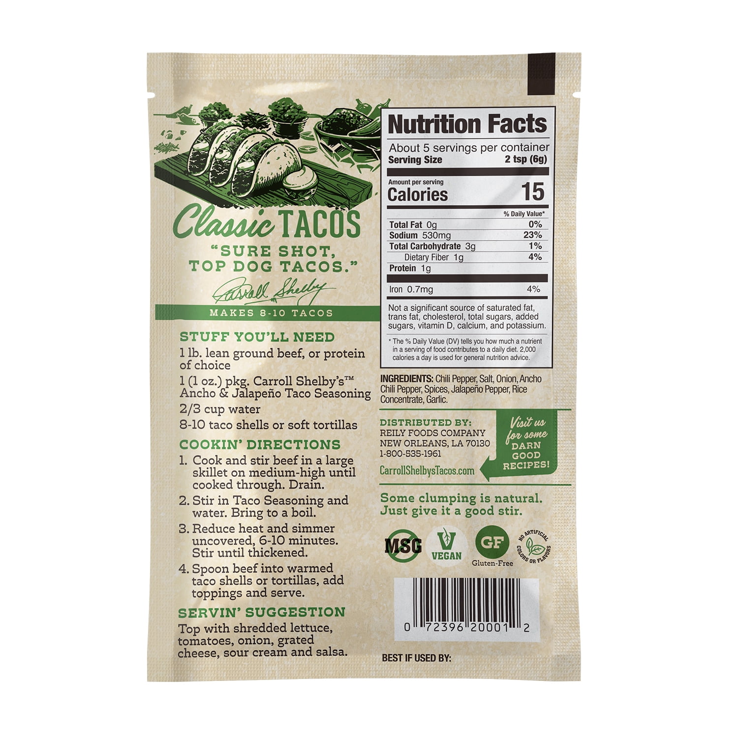 (7 pack) Carroll Shelby's Taco Seasoning Mix, 1 oz