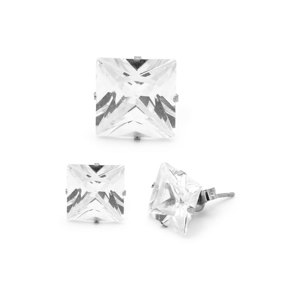 BEBERLINI Men Stud Earrings Cubic Zirconia Silver Stainless Steel Jewelry Square 10 mm