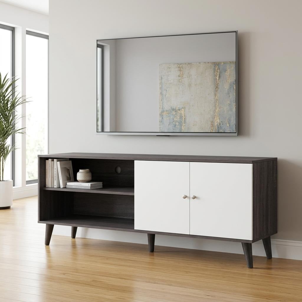 MOONMISS TV Stand for TVs up to 70",with 2 Storage Shelves& 1 Cabinet,Wood Modern Entertainment Centre for TV in Living Room,gray