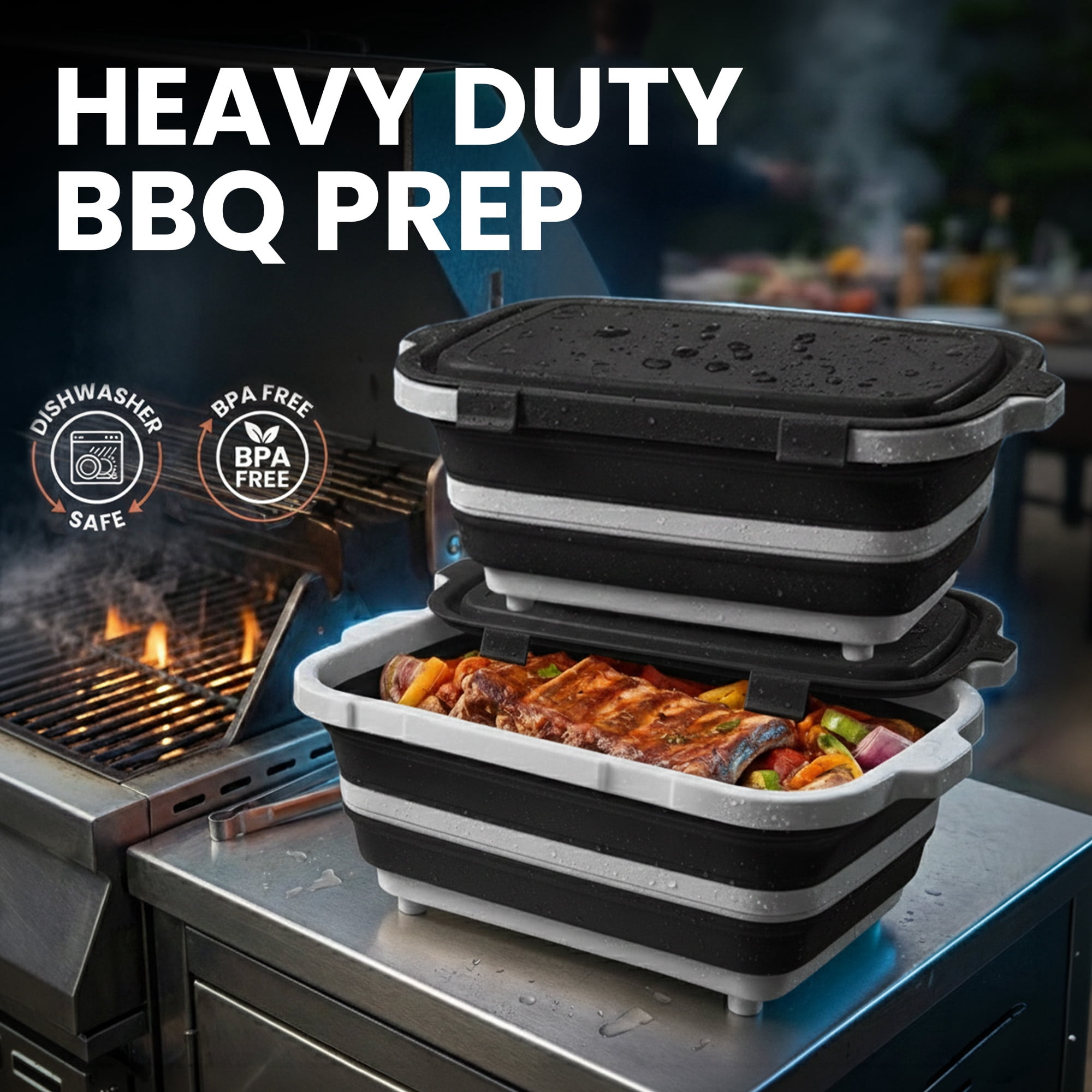 Havenity Bbq Prep Tub 2 Pack Black (16l+16l) - Multifunctional Collapsible Camping Cutting Board with Lid
