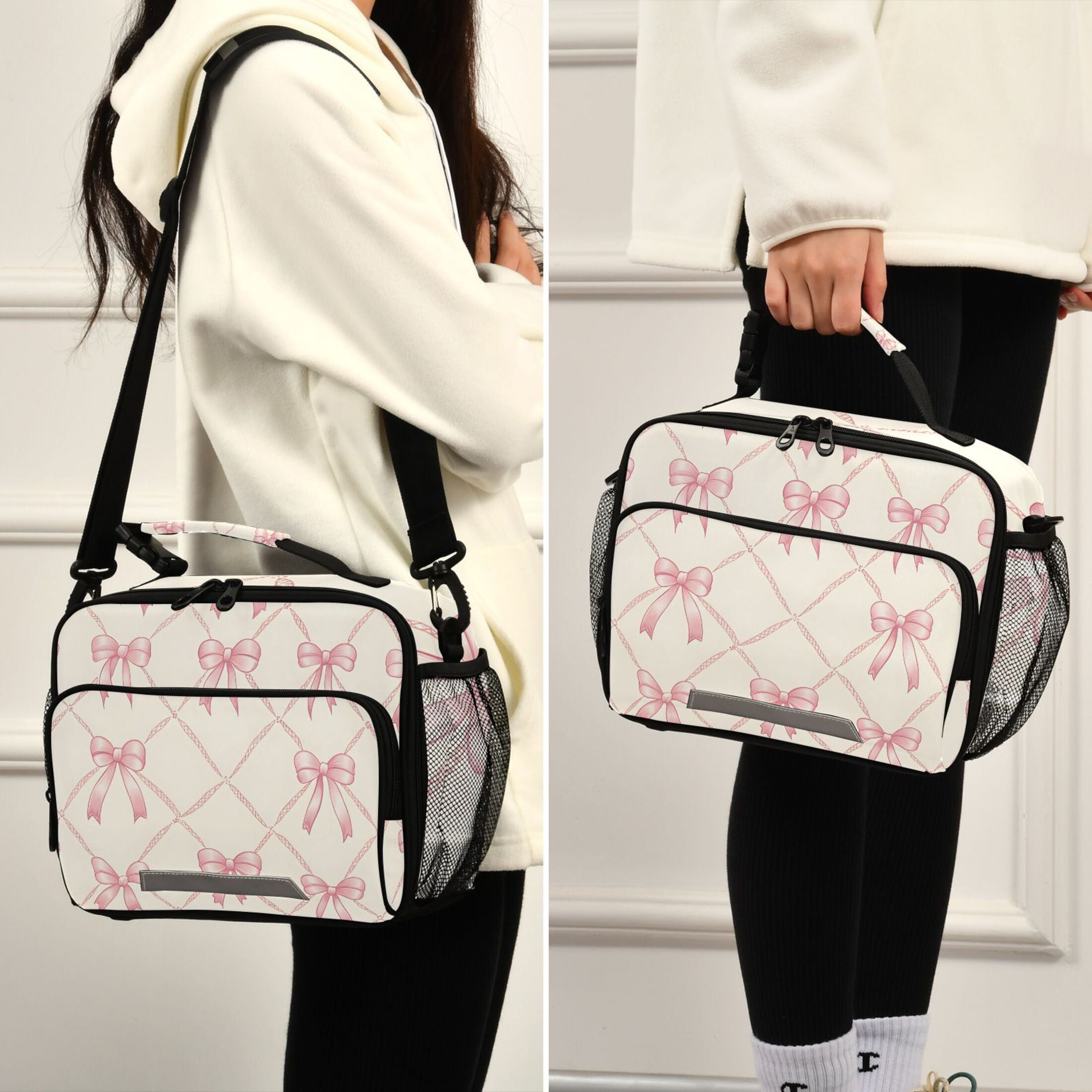 ALAZA Bows Checkered Lunch Box Insulated Cooler Bag Reusable Tote Bags Shoulder Strap