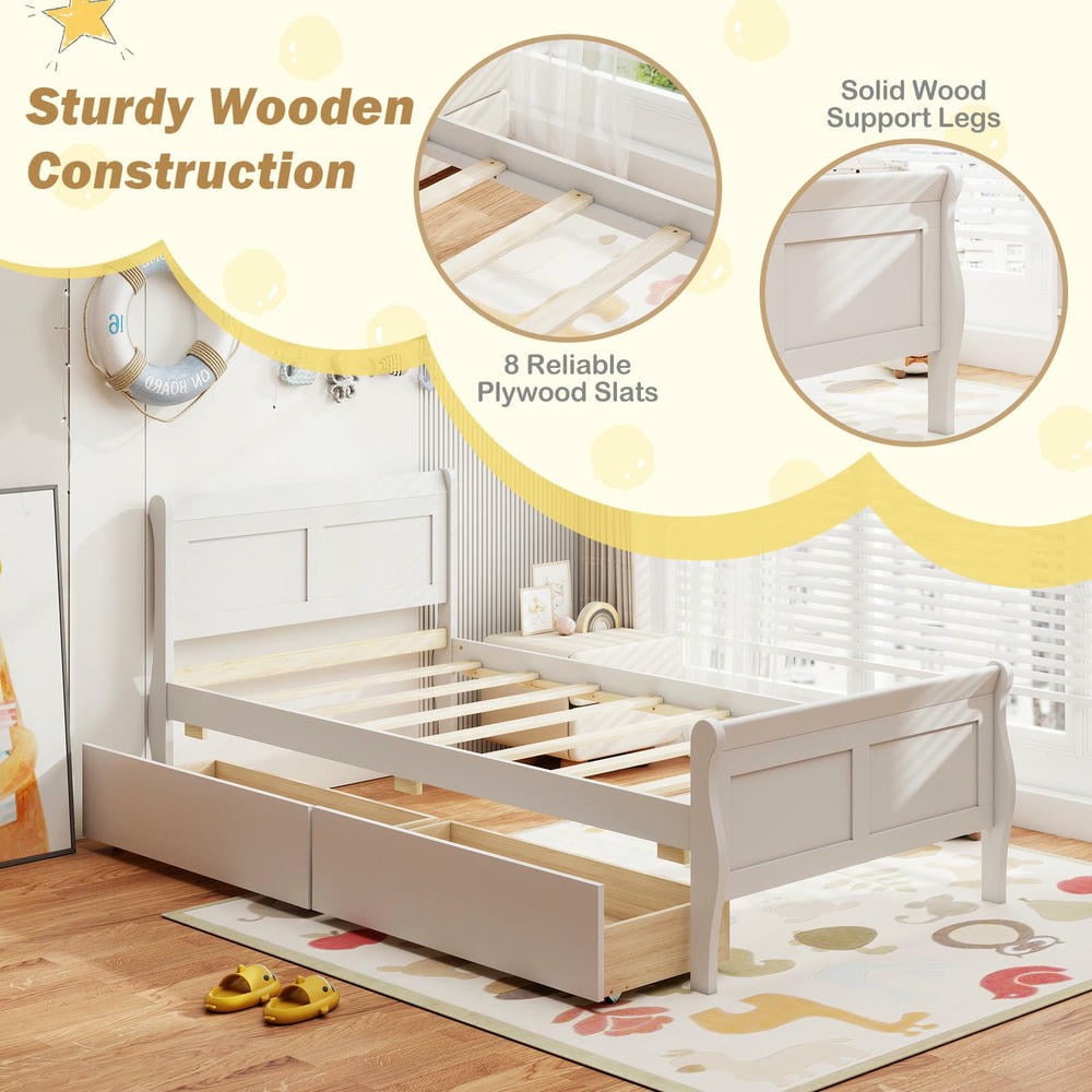 Barara King Twin Size Sleigh Bedroom Bed Frame with 2 Storage Drawers, Wood Bed Platform Frame for Apartment, Bedroom, White