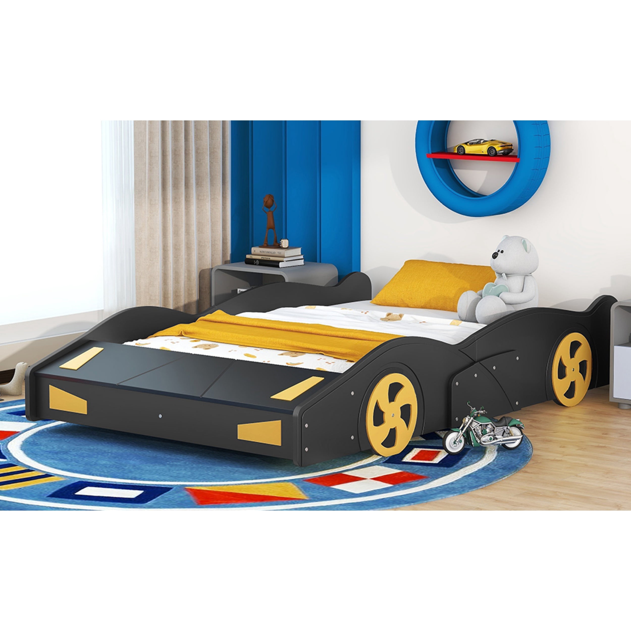 Full Size Race Car-Shaped Platform Bed with Wheels and Storage, Black&Yellow 60AAB