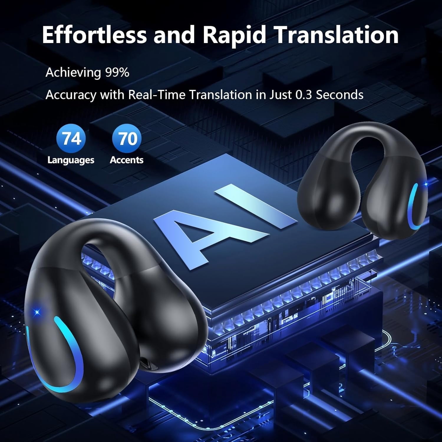 AI Translation Earbuds Real Time 144 Languages Clip On Earphones Translator Headphones Audifonos Traductores Inglés Español Bluetooth 60H Playtime Headphones for Travel Business Meeting Learning