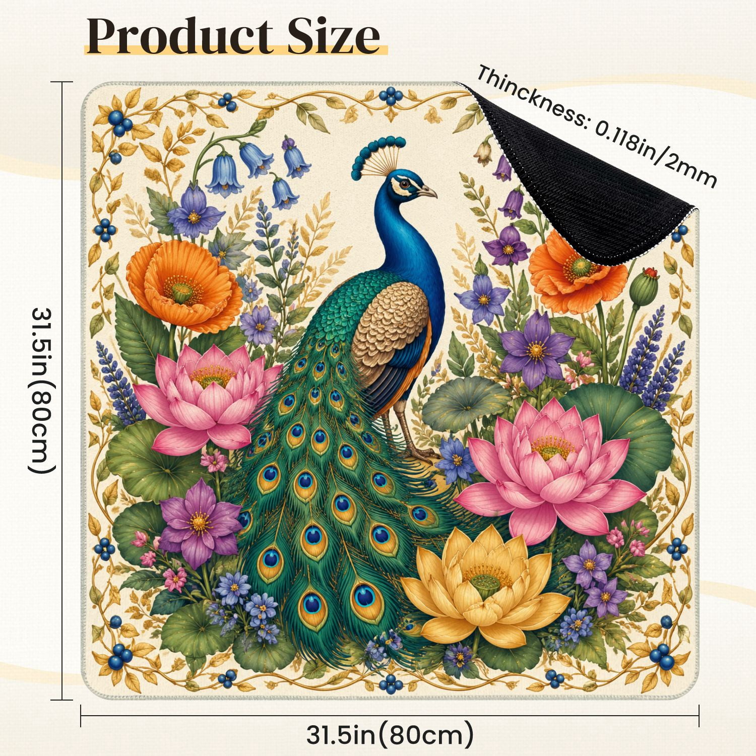 Mahjong Mat 31.5" x 31.5" Colorful Peacock Vibrant Flowers Detailed Botanical Non-Slip Noise Reduction Mahjong Tiles Table Cover for Dominoes Poker Card Board and Tile Games