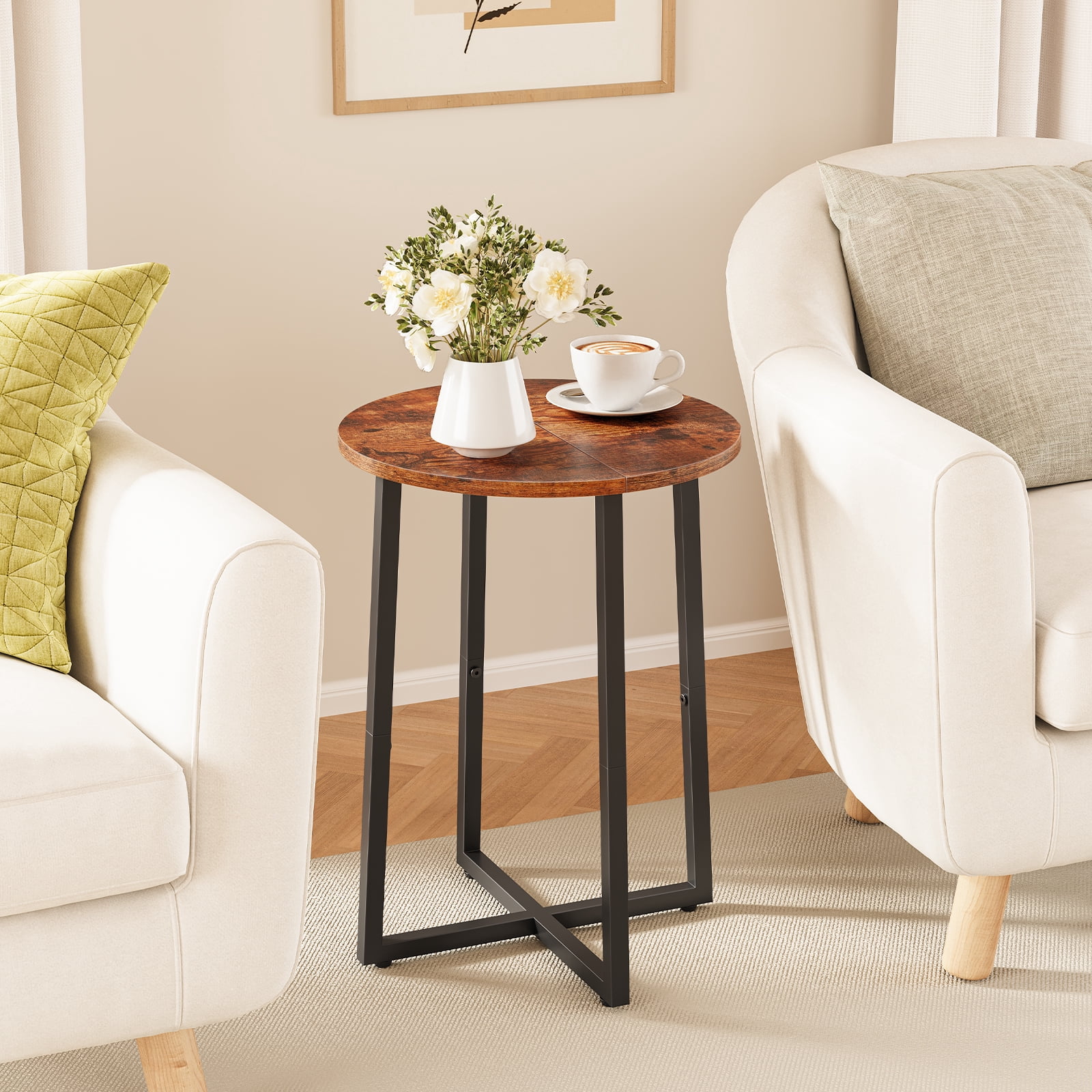 Side Table for Small Spaces, Round End Table with Metal Legs, Small Accent bedside Table for Living Room Bedroom, Reddish Brown