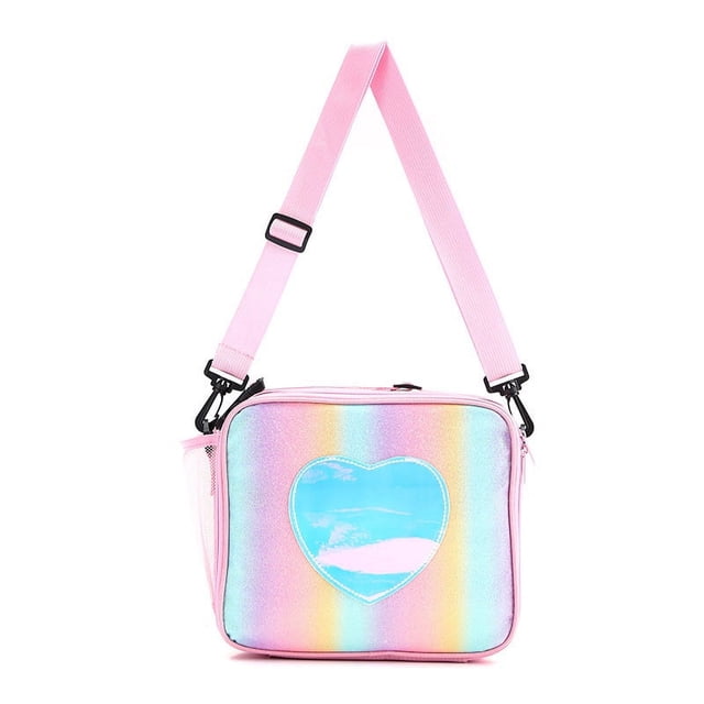 Bolsa de almuerzo para niñas, lonchera aislada con correa para el hombro y portabotellas, bolsa de mano con aislamiento de arcoíris con purpurina